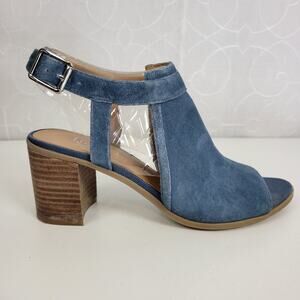Franco Sarto Harlet Womens Sandals Sz 7.5 Blue Suede Leather Peep Toe Block Heel